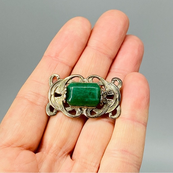 Vintage Art Nouveau Sterling Silver Pin Chrysoprase Stone - Picture 5 of 16